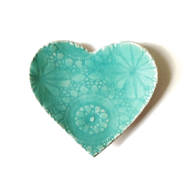 Seafoam heart plate Turquoise blue stoneware ceramic pottery Lace crochet imprint Home decor Soap dish Catch all Ring saver Dessert plate