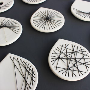 Original abstract wall art sculpture Unique set of 9 Hand stitched pierced porcelain ceramic, fibers, metal Modern geometric artwork image 2