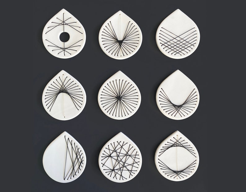 Original abstract wall art sculpture Unique set of 9 Hand stitched pierced porcelain ceramic, fibers, metal Modern geometric artwork image 1