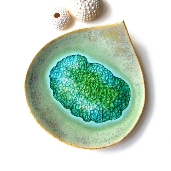 Rainforest leaf dish in green glazed pottery with turquoise blue recycled glass, soap dish, decorative bowl, home decor, repurposed, eco