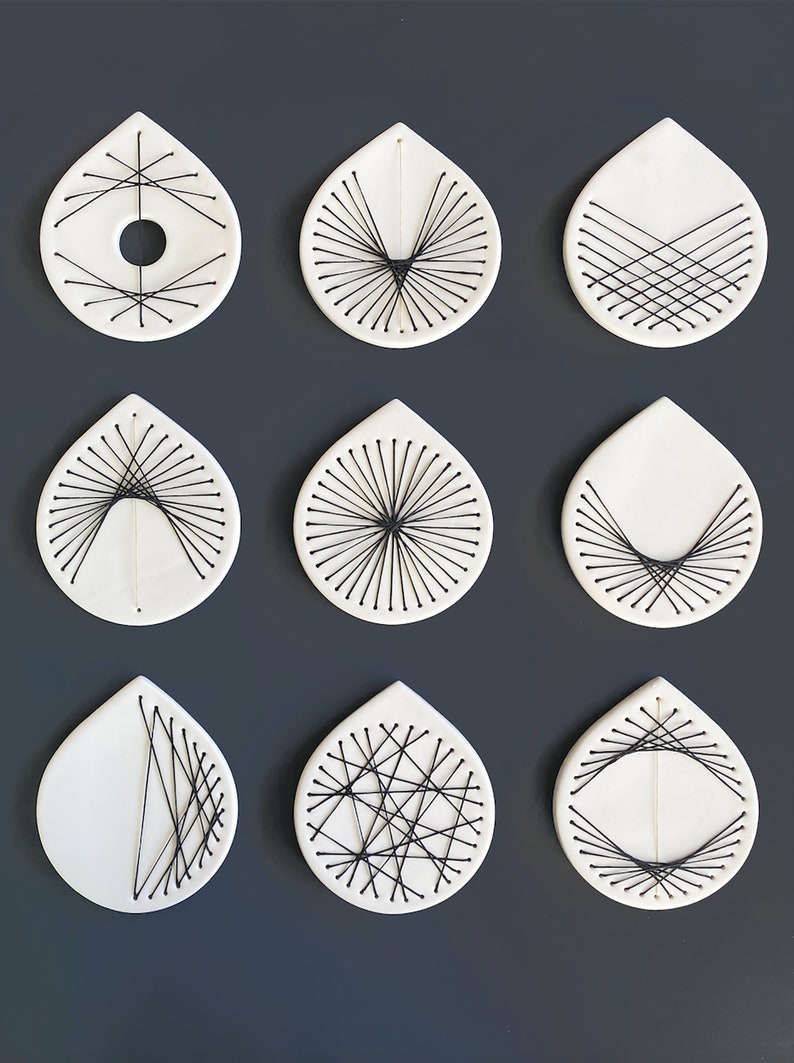 Original abstract wall art sculpture Unique set of 9 Hand stitched pierced porcelain ceramic, fibers, metal Modern geometric artwork image 3