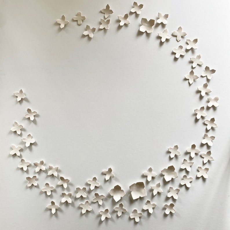 Circular arrangement of geometric flowers. Each piece has four points and is smooth in texture. They are arranged organically in a semi circle.