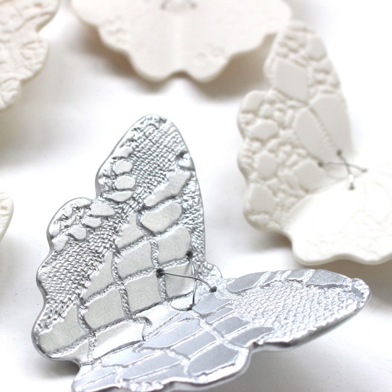 Ceramic wall art set 3D butterfly original artwork 15 handmade White porcelain & silver butterflies with lace texture steel wire home decor image 2