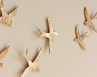 Origineel kunstwerk 7 goud porselein metallic muurkunst zwaluwen vogels muursculptuur keramiek Marokkaanse