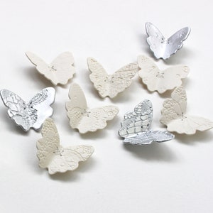 Ceramic wall art set 3D butterfly original artwork 15 handmade White porcelain & silver butterflies with lace texture steel wire home decor image 4
