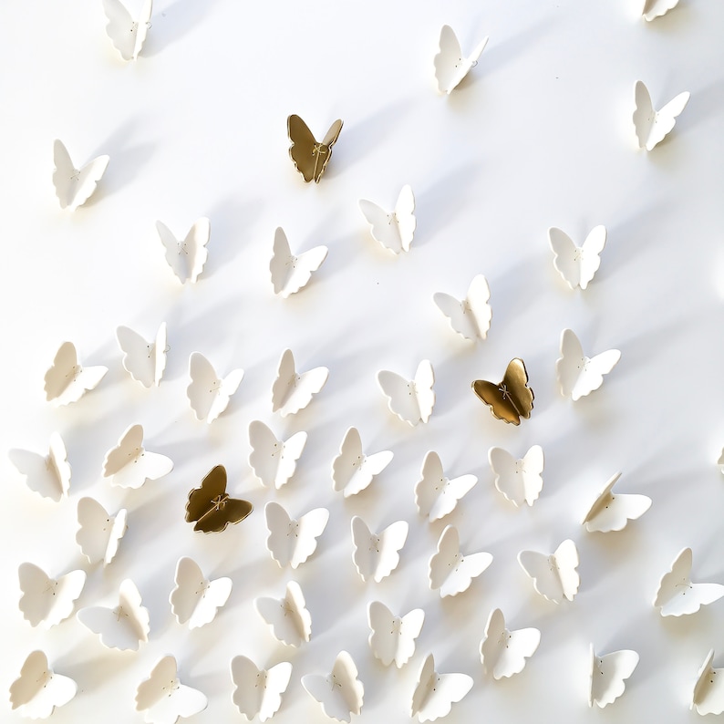 Extra large wall art 3D Butterfly Set of 55 Original white porcelain gold ceramic butterflies sculpture with metal wire 52 white 3 gold image 1