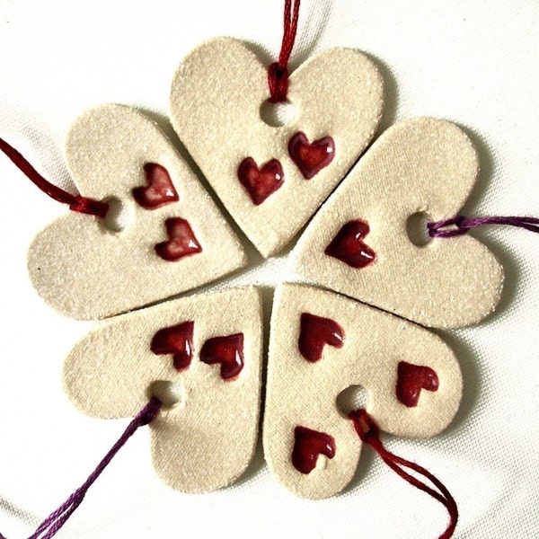 5 Valentine's Ornaments Hand stamped heart ornaments Home decor Cream & red ceramic pottery Set of 5 decorations Valentine gift