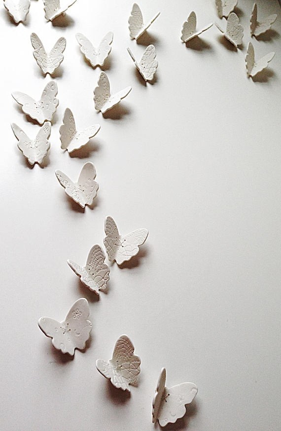 21 Porcelain Butterfly Wall Art Set, White Ceramic with Silver Wire