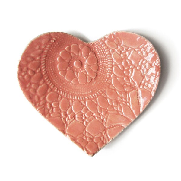 Ceramic plate Coral pink lace heart Stoneware ceramic pottery Candle holder Ring holder Shabby chic Mothers day Wedding Engagement gift