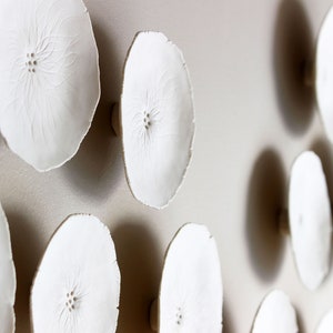 Large wall art installation set 19 Abstract Frayed Porcelain Flowers Wall sculpture 3D White ceramic Original artwork luxury interior art image 3