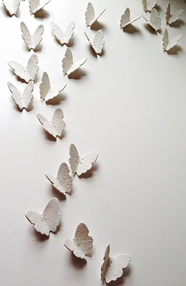 Ceramic wall art set 3D butterfly original artwork 15 handmade White porcelain & silver butterflies with lace texture steel wire home decor image 5