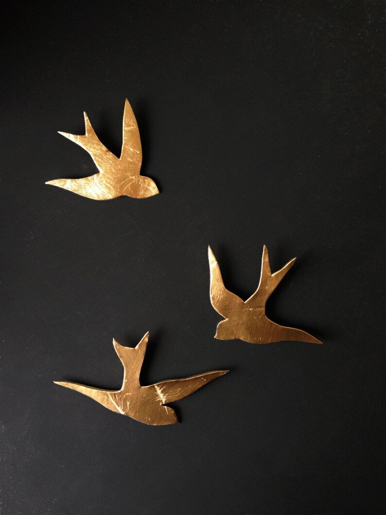 We fly together Gold porcelain wall art swallows Modern ceramic gold bird wall sculpture Bathroom kitchen bedroom home art Wall hanging image 1