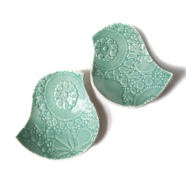 Ceramic bowls Birds of a feather Seafoam turquoise blue green pottery Home decor Wedding Ring bearer pillow Ring dish Vintage lace texture