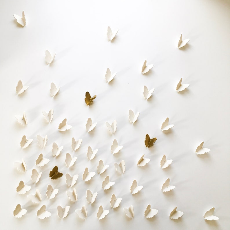 Extra large wall art 3D Butterfly Set of 55 Original white porcelain gold ceramic butterflies sculpture with metal wire 52 white 3 gold image 2