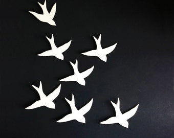 Flock - Wall art Swallows Porcelain bird wall sculpture Ceramic art for bathroom, bedroom, living room, kitchen decor set of 7