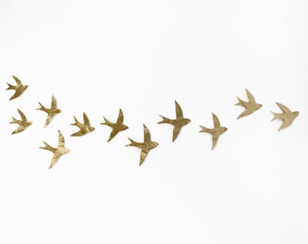 Flock 11 wall art sculptures Set of swallows Original artwork Ceramic birds wall sculpture in porcelain with gold finish Wall hanging decor