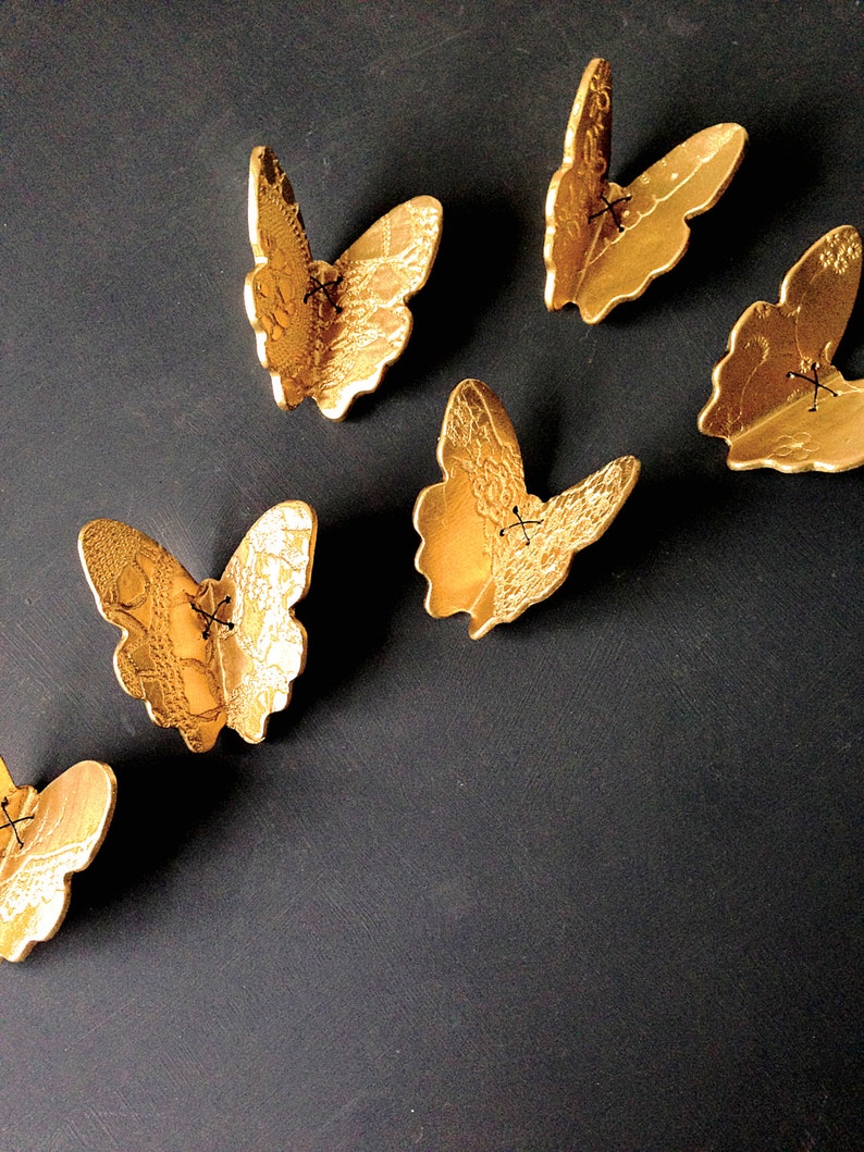 3D butterfly wall art Home decor gift Original gold porcelain ceramic sculptures butterflies Lace detail & blackened copper wire image 4