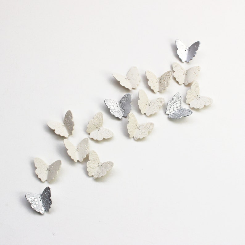 Ceramic wall art set 3D butterfly original artwork 15 handmade White porcelain & silver butterflies with lace texture steel wire home decor image 3