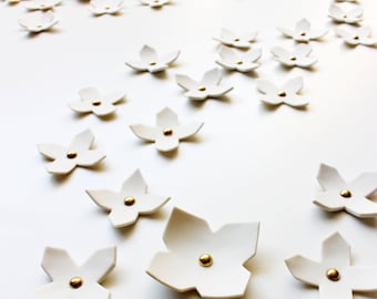 Abstract extra large wall art sculpture set 60 Ceramic geometric flowers gold centre White porcelain Modern  Minimal contemporary craft