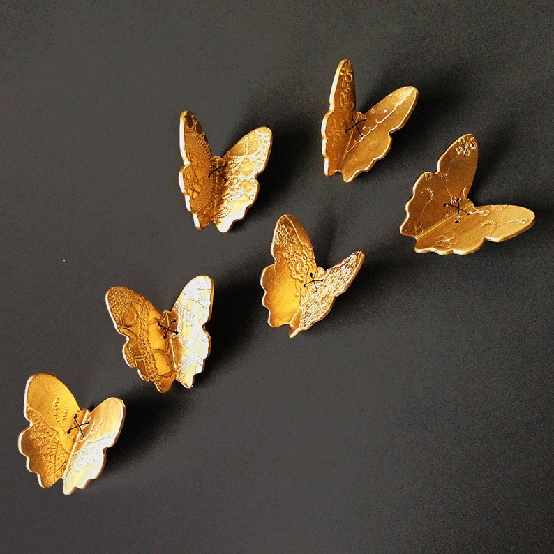 3D butterfly wall art Home decor gift Original gold porcelain ceramic sculptures butterflies Lace detail & blackened copper wire image 2