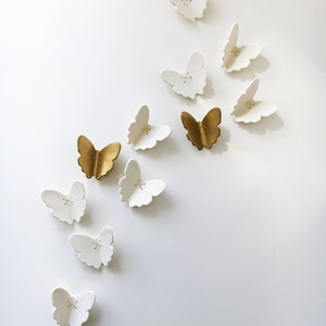 Extra large wall art 3D Butterfly Set of 55 Original white porcelain gold ceramic butterflies sculpture with metal wire 52 white 3 gold image 6