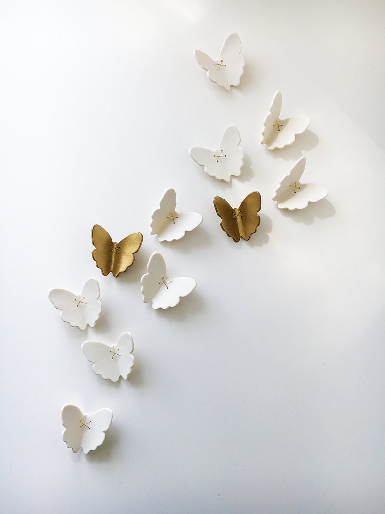Extra large wall art 3D Butterfly Set of 55 Original white porcelain gold ceramic butterflies sculpture with metal wire 52 white 3 gold image 6