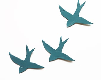 Porcelain wall art sculpture Three swallows Blue gray teal green birds Modern ceramic wall art Bathroom kitchen living room art Sea spray