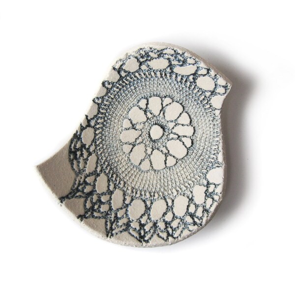 Blue bird bowl Cream stoneware ceramic Vintage lace texture in steel blue grey Handmade in England British studio pottery Mothers Day Gift