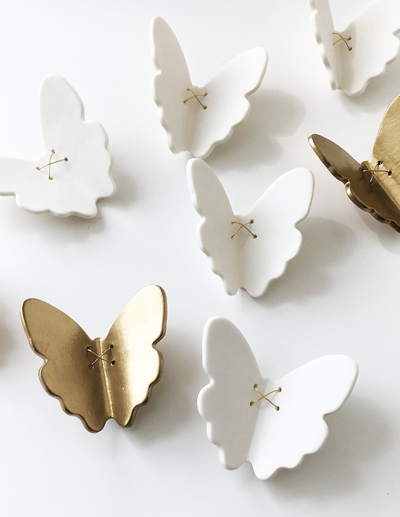 Extra large wall art 3D Butterfly Set of 55 Original white porcelain gold ceramic butterflies sculpture with metal wire 52 white 3 gold image 3