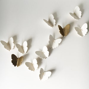 Extra large wall art 3D Butterfly Set of 55 Original white porcelain gold ceramic butterflies sculpture with metal wire 52 white 3 gold image 5