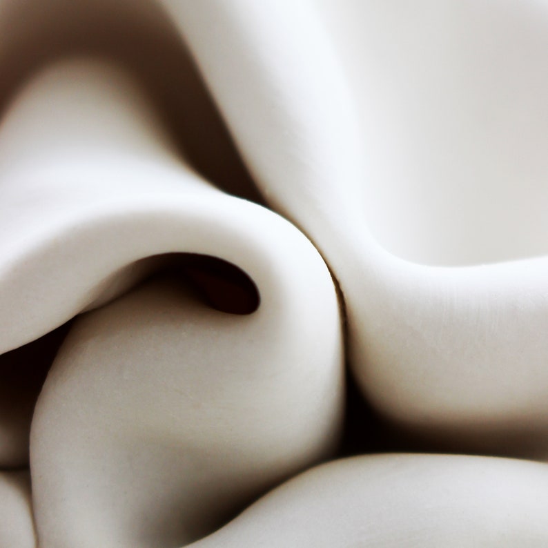 Close up of porcelain sculpture. The piece contains lots of curves where the clay has been folding into itself. Delicate detail within the ceramic sculpture.