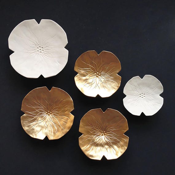 Handmade Porcelain Flower Wall Art, Gold & White Ceramic Sculpture, Set of 5