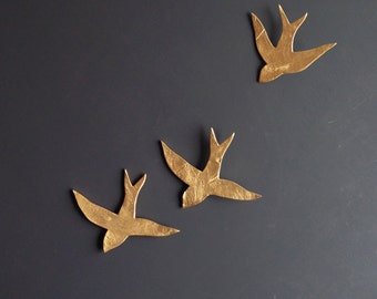 Original Artwork 3 Gold porcelain ceramic wall art swallows Ceramic sculpture Gold metallic birds Handmade pottery original unique art UK