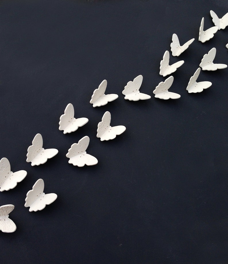 Ceramic wall art set 3D butterfly original artwork 15 handmade White porcelain & silver butterflies with lace texture steel wire home decor image 7