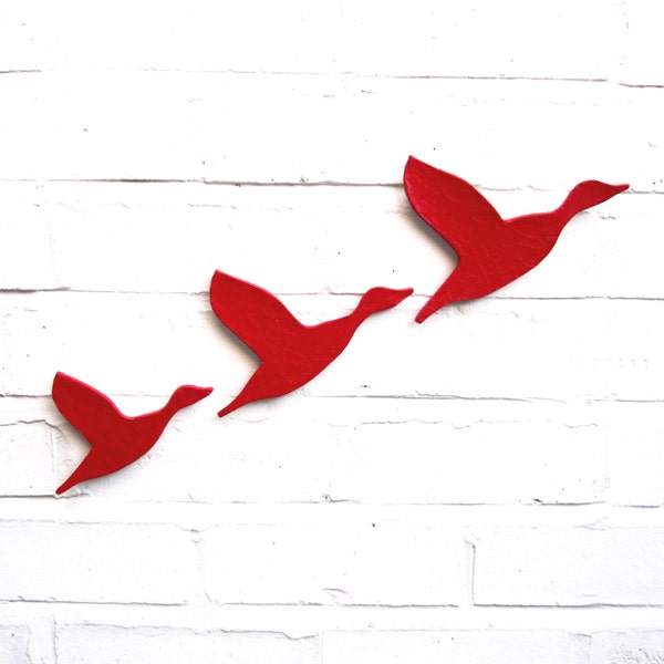 Ceramic wall art Three flying ducks set bright scarlet red Modern wall sculpture artwork Bathrooms kitchens living room