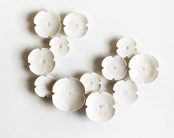 Extra Large wall art set - 12 Graces - Large Wall art sculpture 3D White ceramic flowers Porcelain Original artwork