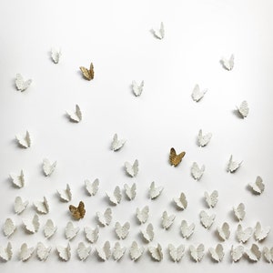 Extra large wall art 3D Butterfly Set of 55 Original white porcelain gold ceramic butterflies sculpture with metal wire 52 white 3 gold image 8