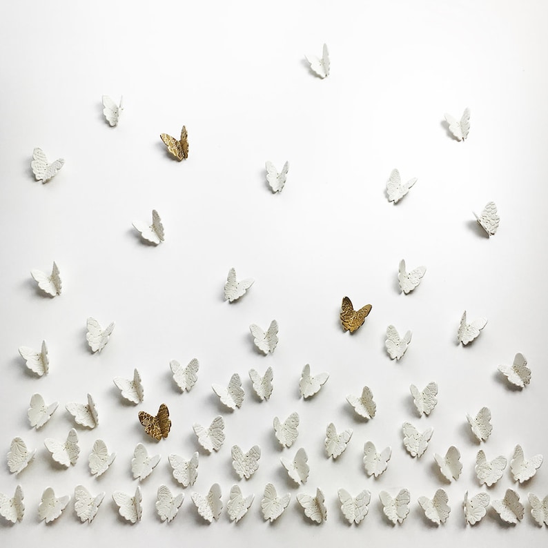 Extra large wall art 3D Butterfly Set of 55 Original white porcelain gold ceramic butterflies sculpture with metal wire 52 white 3 gold image 8