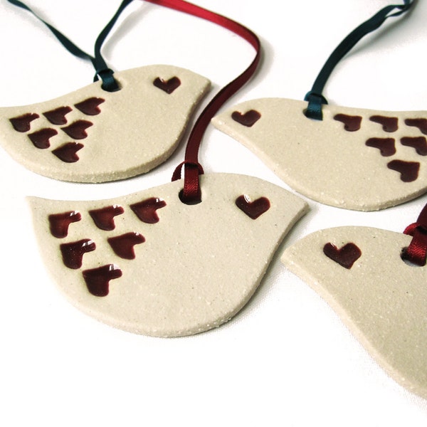 4 Love bird Christmas Decorations in cream ceramic hand built pottery with ruby red glaze Handmade holidays Christmas tree ornaments