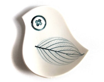 Little Blue Bird Dish White & Teal Blue with Leaf Imprint - Modern Jewelry Ring Bowl Candle Holder Birthday Gift For Her