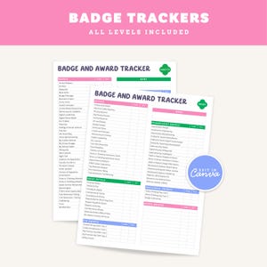 Op de afbeelding: Twee witte printbare badge- en award-trackerbladen met zwarte tekst, met secties voor badges, bloemblaadjes en prijzen. De bladen bevatten koppen zoals Badge and Award Tracker, Daisy en Cadette, met een blauw rond Edit in Canva-pictogram.