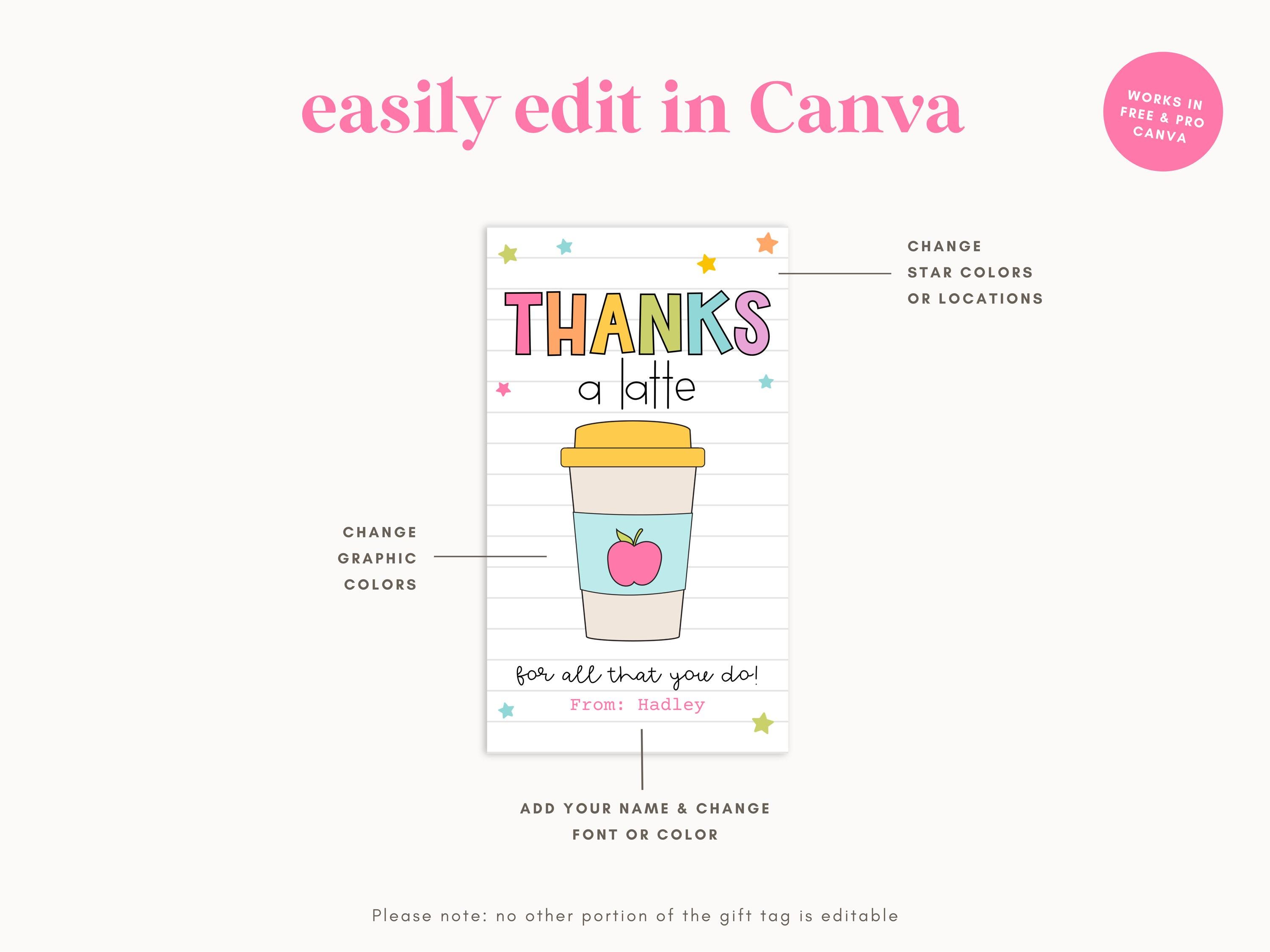 Thanks a Latte Teacher Gift Tag Template | Printable + Editable Canva ...
