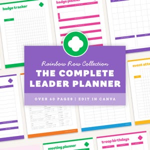 以下が含まれることがあります： badge tracker、meeting planner、troop birthdaysなどの見出しが付いた様々な整理用テンプレートを含むデジタルプランナーコレクション。中央の紫色の長方形のグラフィックには、Rainbow Row Collection THE COMPLETE LEADER PLANNER OVER 60 PAGES | EDIT IN CANVAというテキストが表示されています。
