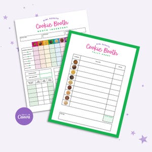 Puede incluir: Dos hojas blancas de inventario y recuento de puestos de galletas Girl Scout. La hoja de inventario tiene un encabezado rosa y verde con las palabras "Cookie Booth" y "Booth Inventory". La hoja de recuento tiene un borde verde y un encabezado rosa con las palabras "Cookie Booth" y "Tally Sheet".