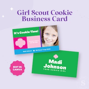 Sjabloon voor visitekaartjes met padvinderskoekjes | Direct downloaden | Visitekaartje van het koekje van padvinders | Koekjeskaarten | Cookieverkoop