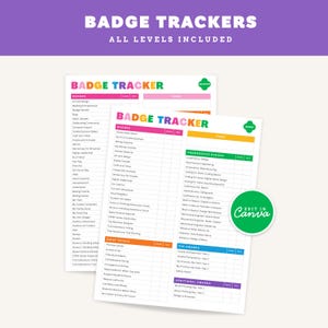 Puede incluir: Dos hojas de seguimiento de insignias en papel blanco con encabezados coloridos y listas de insignias, pétalos y premios. Las hojas incluyen columnas para nombres, fechas y casillas de verificación, con un gráfico circular verde Edit in Canva.