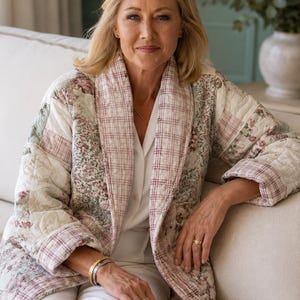 May include: A quilted jacket featuring a patchwork design with floral patterns in shades of pink, green, and cream. The garment has a shawl collar with a pink and white plaid print, long sleeves with folded cuffs, and a front open closure.