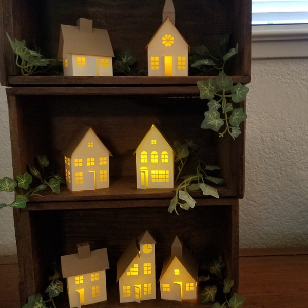 Paper House Village, Christmas Village Luminary, Tea Light, Trees, Lantern, Housewarming Gift, Gift for Her, Tiered Tray Filler