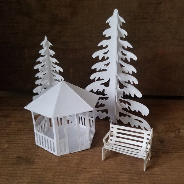 Tea Light Village Gazebo, Trees, Bench, Christmas Village Decoration, Paper House Luminary,  Housewarming Gift, Tiered Tray Filler