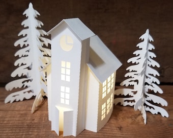 Tea Light Village Academy Building,  Two Trees, Christmas Village Decoration, Paper House Luminary,  Housewarming Gift, Tiered Tray Filler